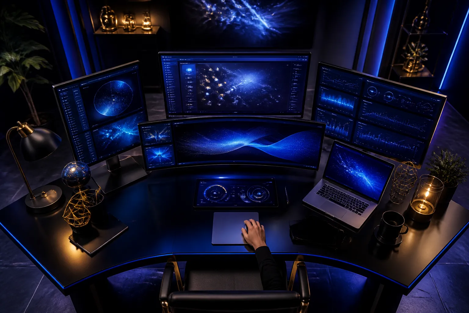 Modern AI-powered business workspace with multiple screens and dashboards