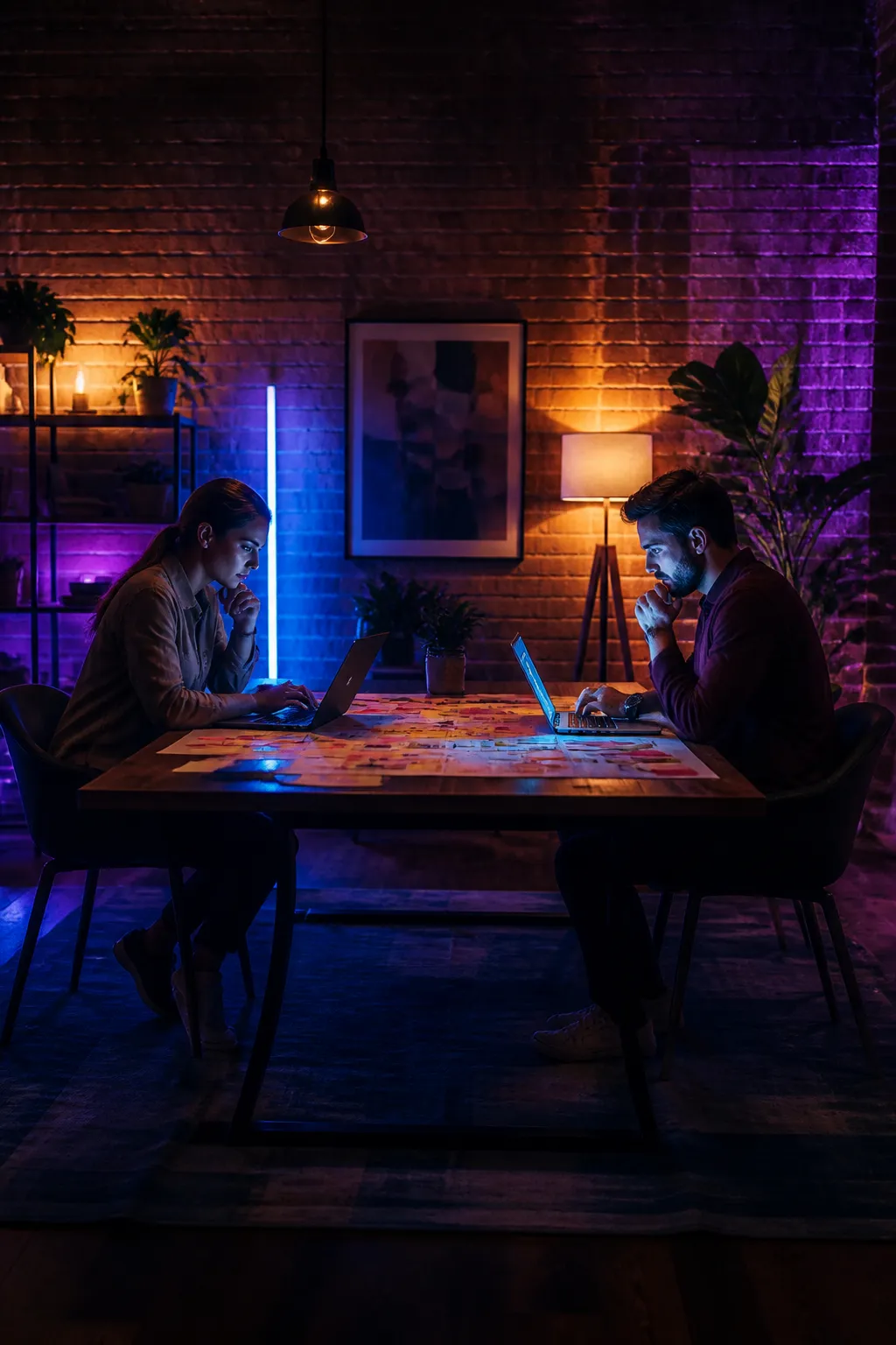 Founders collaborating late at night, planning the Aikosmirai platform